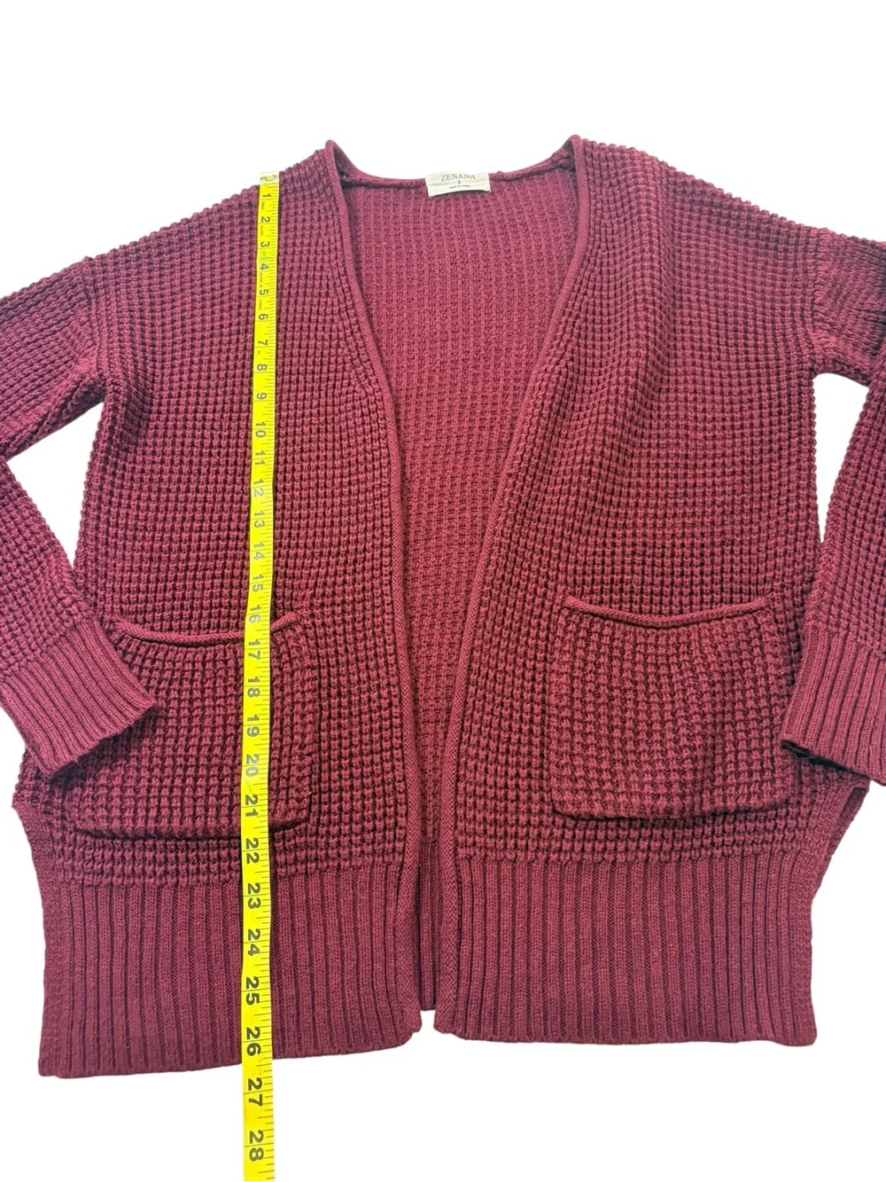 Zenana Open-Front Chunky Knit Cozy Layering Cardigan Burgundy Front Pockets SzS